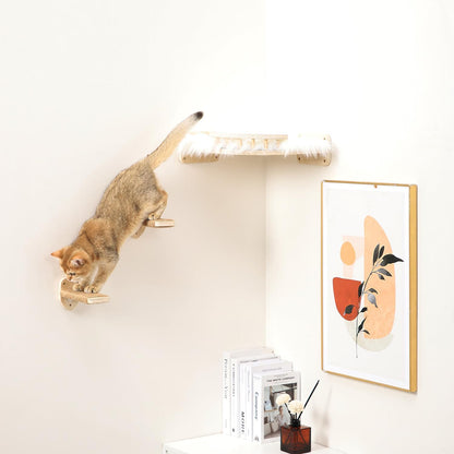 3 Pcs Cat Wall Steps, Cat Shelves and Perches for Wall, Wall-Mounted Cat Climbing Shelf with Hemp Rope Covered, Cat Wall Furniture Steps Set with Scratching Pads for Cats Playing and Climbing (Wood)