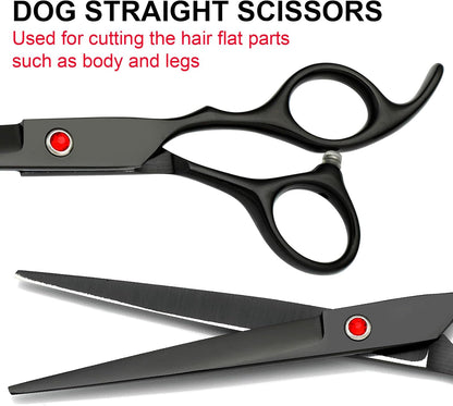 Professional Dog Grooming Scissors Set Stainless Steel Dog Grooming Kit - Thinning, Curved Scissors and Comb for Cat Pet (Black 5 in1)