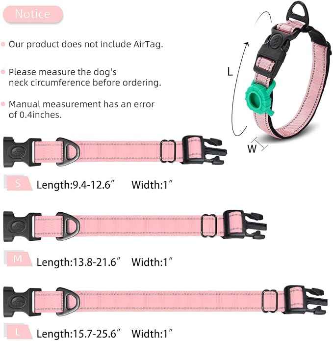 JSXD AirTag Dog Collar, Night Reflective Nylon Dog Collar for Small Medium Large Dogs,Lockable Quick Release Buckle,Padded Breathable Pet Collar with AirTag Holder (Pink, Small)