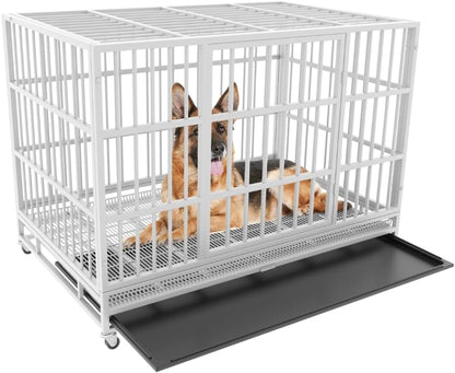 54/48/42/38 Inch Heavy Duty Dog Crate Cage with Wheels, Indestructible and Escape Proof Steel Kennel Indoor for High Anxiety Dogs with Sturdy Locks, Double Door and Tray, Extra Large XL XXL