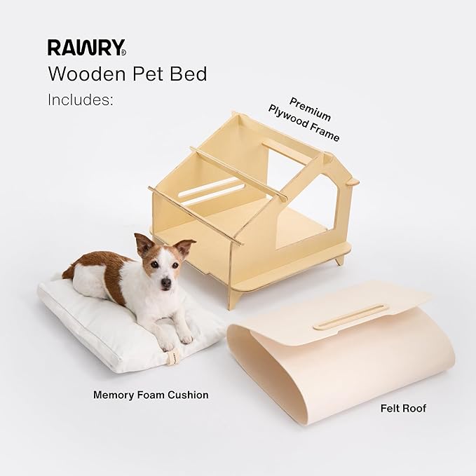 RAWRY Cat House – Covered Indoor Pet Bed with Cushion & Scratcher | Wood Cat Scratcher House for Cats, Kittens, Small Dogs