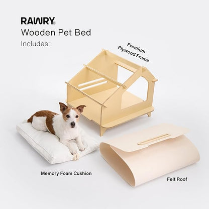 RAWRY Cat House – Covered Indoor Pet Bed with Cushion & Scratcher | Wood Cat Scratcher House for Cats, Kittens, Small Dogs