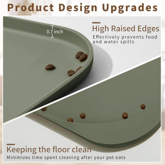 Silicone Pet Feeding Mat with Raised Edge & Residue Collection Pocket for Food and Water, Dog Bowl Mats, Cat Bowls Placemat with High Lip for Floor Waterproof, 19 x 12 x 0.7 Light Olive Green