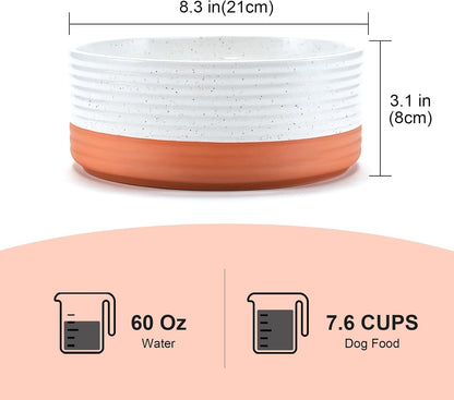 SPUNKYJUNKY Ceramic Dog Bowls 2 Pack, 8.3'' Dog Food Water Double Feeding Bowls Non-Slip for Large Sized Breed Microwave Dishwasher Safe - 60 OZ, 2pcs, Pattern White