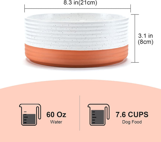 SPUNKYJUNKY Ceramic Dog Bowls 2 Pack, 8.3'' Dog Food Water Double Feeding Bowls Non-Slip for Large Sized Breed Microwave Dishwasher Safe - 60 OZ, 2pcs, Pattern White