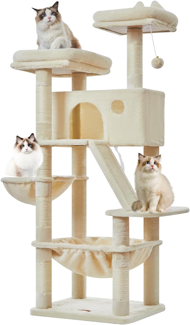 Taoqimiao Cat Tree 57.5-Inch, Cat Tower for Indoor Cats Large Adult, Extra Large Cat Condo, 8 Sisal Scratching Posts, Metal Frame Cozy Hammock, Durable Scratch Board, 2 Top Perches, Beige MS026M