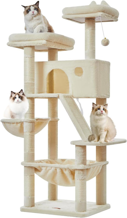 Taoqimiao Cat Tree 57.5-Inch, Cat Tower for Indoor Cats Large Adult, Extra Large Cat Condo, 8 Sisal Scratching Posts, Metal Frame Cozy Hammock, Durable Scratch Board, 2 Top Perches, Beige MS026M