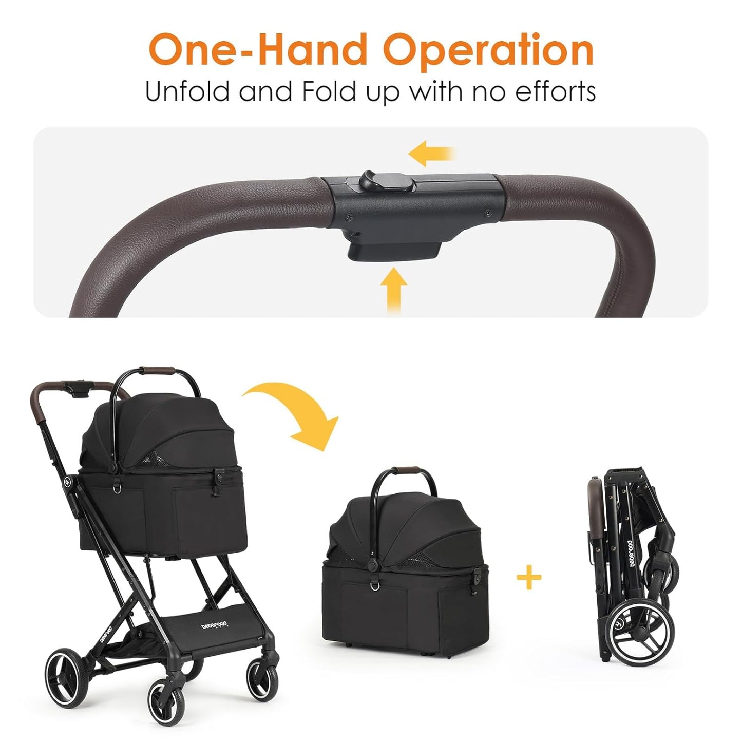 X2 Pet Stroller, Dog Cat Stroller for Small Pets Under 44lbs, Equipped with Detachable & Foldable Carrier, Waterproof Pad & Sunshade Canopy,Camel (Black) - Pawvie