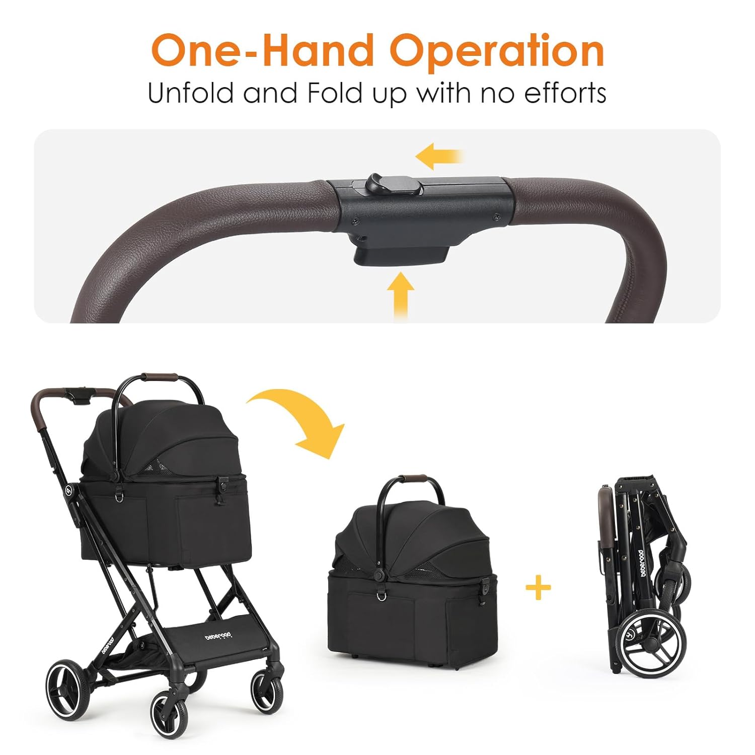 X2 Pet Stroller, Dog Cat Stroller for Small Pets Under 44lbs, Equipped with Detachable & Foldable Carrier, Waterproof Pad & Sunshade Canopy,Camel (Black) - Pawvie
