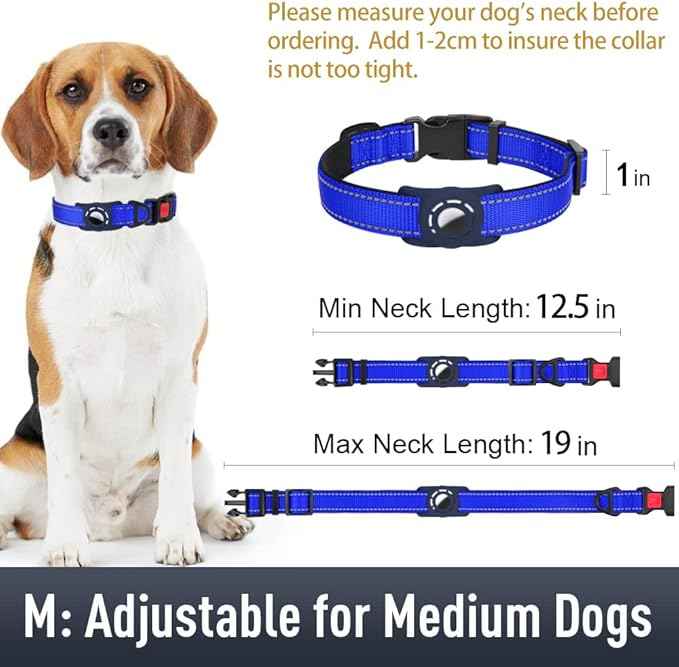 AirTag Dog Collar with AirTag Holder Compatible for Air Tag, Reflective Soft Padded, Safety Locking Buckle, Adjustable Nylon for Small Medium Large Dogs (NavyBlue,M)