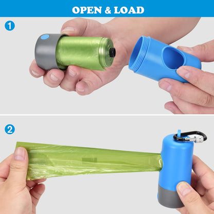 Rechargeable Dog Poop Bag Dispenser With Safety LED Flashlight, Pet Waste Bag Holder with Carabiner Clip For Leash, Collar,Harness, and 15 PCS Extra Thick Doggy Waste Bags