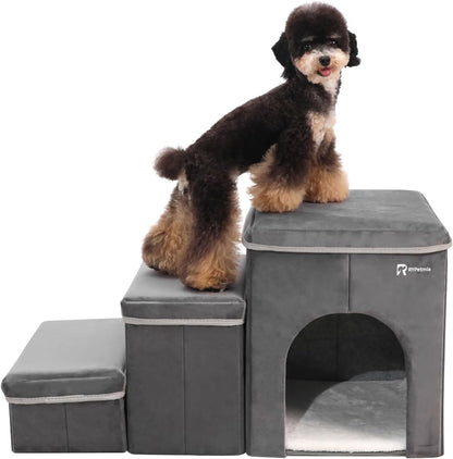 Foldable Pet Stairs for Beds & Sofas - Non-Slip Dog Steps with Storage for Small to Medium Dogs & Cats, Supports up to 120 lbs - Durable 2 & 3-Step Doggie Ladder for Easy Access - Pawvie