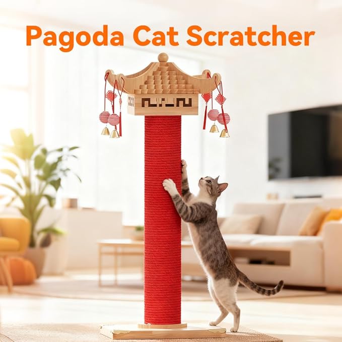 Premium Natural Hemp Tall Pagoda Cat Scratcher, Durable Cat Scratching Post for Indoor Cats, Stable Climbing Pole, Furniture Protector, Cat and Kitten Play Tower and Activity Center