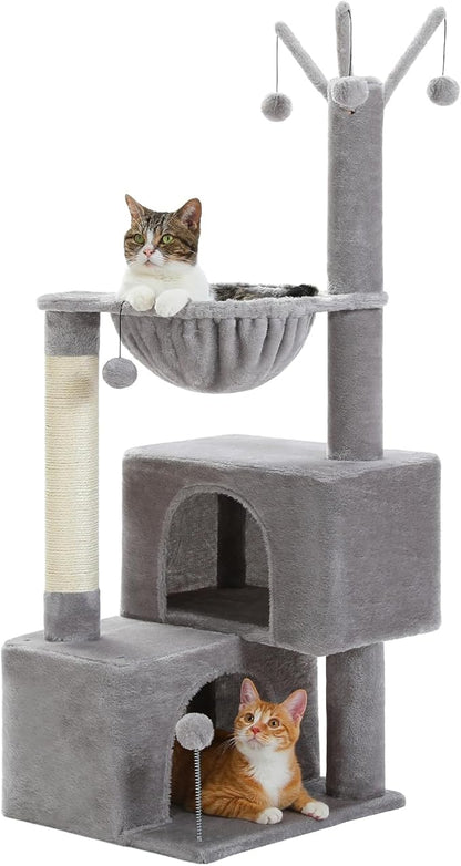45-Inch Small Cat Tree with 2 Condos for Indoor Cats,Cat Tower with Scratching Posts for Small Cats,Grey Cat Tree Tower with Hammock and Cat Toys