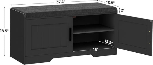 2-Tier Storage Bench, Shoe Bench with Thickened Padded Seat Cushion, Entryway Bench with 2 Doors, Adjustable Shelf, 13.8" D x 37.4" W x 18.5" H, for Entryway, Living Room, Bedroom, Black