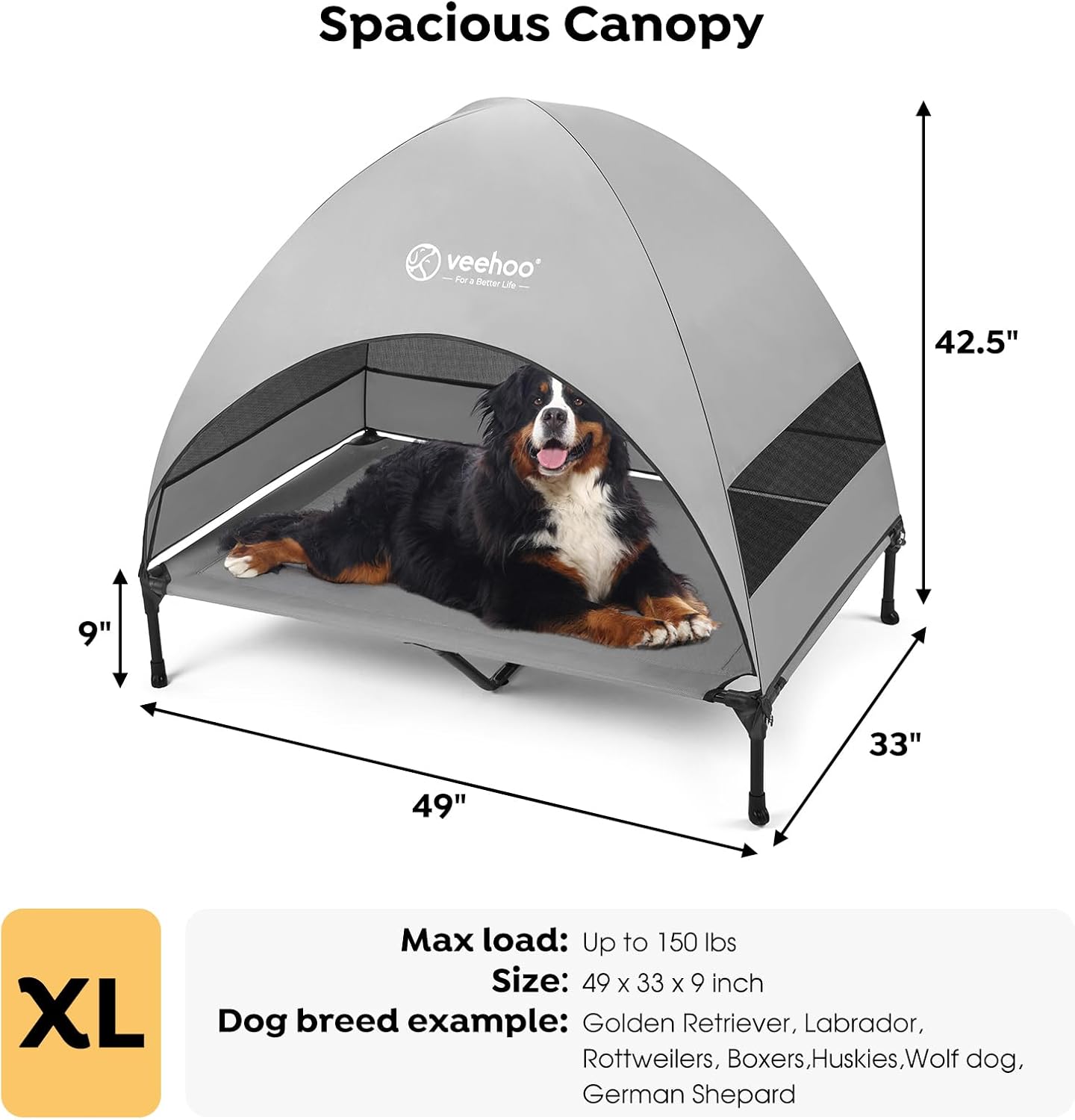 Veehoo Outdoor Dog Bed with Canopy, Cooling Elevated Pet Cot with Removable Shade, Non-Slip Feet, Raised Dog Cot for Large Dogs, Pet Tent Bed for Camping, Beach, XLarge, Grey, CWC2411 - Pawvie