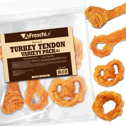 AFreschi Turkey Tendons for Dogs, USA-Sourced, Healthy Dog Treats, Rawhide-Free Puppy Chews, Long Lasting, All Natural, Hypoallergenic Dog Treats for Large Breeds, 10 oz Pack Variety (L)