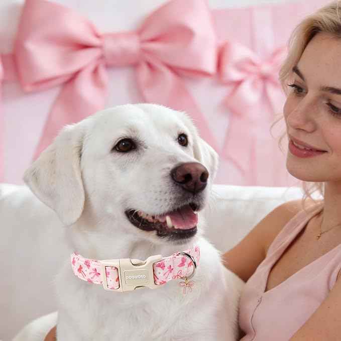 DOGWONG Pink Dog Collar, Cute Flower Girl Female Dog Collar Adjustable Soft Bowtie Print Pet Dog Collar for Medium Dogs,M