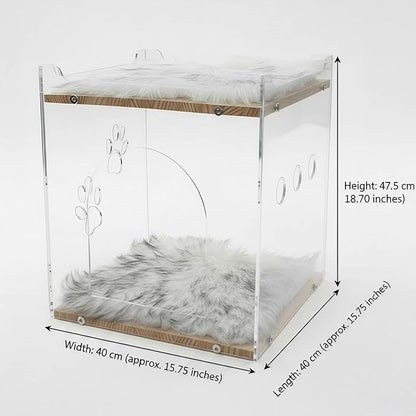 Cozy Double Layer Clear Wood Cat House for Indoor Cat Bed and Small Dog Bed - Soft Blanket Acrylic Square Design, Perfect Pet Necessities