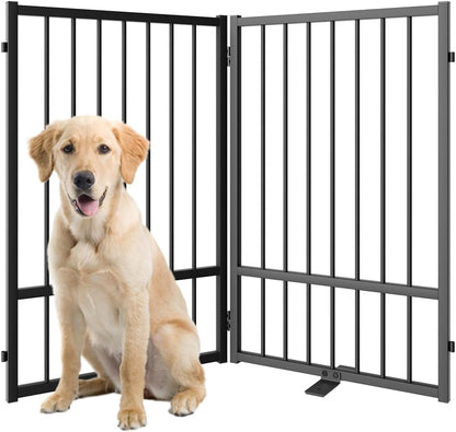 Full Metal Freestanding Dog Gate with Door, 32''Height Foldable Pet Dog Fence for Indoor & Outdoor, 2 Panels Extra Wide Free Standing TallDog Gates for Doorways,House,Stairs,Porch,Deck,Yard