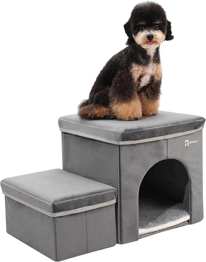 Foldable Pet Stairs for Beds & Sofas - Non-Slip Dog Steps with Storage for Small to Medium Dogs & Cats, Supports up to 120 lbs - Durable 2 & 3-Step Doggie Ladder for Easy Access - Pawvie