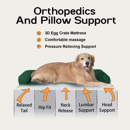 Large Dog Bed Orthopedic Washable - Waterproof Removable Cover - Medium XLarge Big Dogs - Egg Foam Couch - Emerald Dog Beds Bolster with Sides