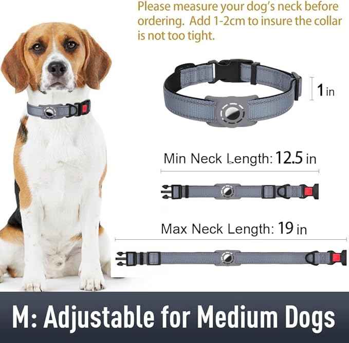 AirTag Dog Collar with AirTag Holder Compatible for Air Tag, Reflective Soft Padded, Safety Locking Buckle, Adjustable Nylon for Small Medium Large Dogs (Grey,M)