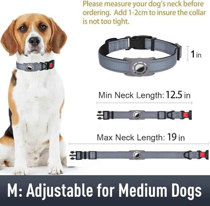 AirTag Dog Collar with AirTag Holder Compatible for Air Tag, Reflective Soft Padded, Safety Locking Buckle, Adjustable Nylon for Small Medium Large Dogs (Grey,M)