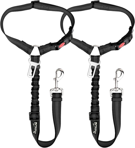 SlowTon Dog Seat Belt for Car, 2 Pack Dog Car Harness Seatbelt Adjustable with Elastic Bungee Buffer, 2 in 1 Pet Car Leash Headrest Restraint Dog Reflective Safety Tether (Black, Headrest+Clip)