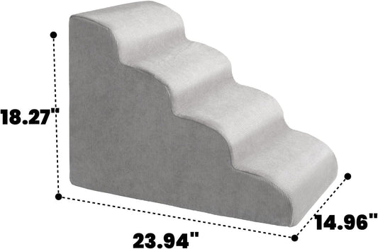 MEWANG Dog Stairs for Small & Medium Dogs and Old Cats â3/4/ 5 Steps High-Density Foam Pet Ramp for Bed & Couch, Non-Slip, Washable Cover, Grey (Round Corner, 4 Steps: 23.94''Ă18.27''Ă14.96'', 2)