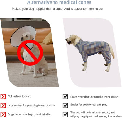 Dog Pyjamas PJS Sweater Clothes and Home Clothing Suitable for Large to Giant Breeds of Dogs, Dog Surgery Recovery Suit, Extra-Large Stretch Fabric, Four-Legged (Thickened Blue Stripes, L)