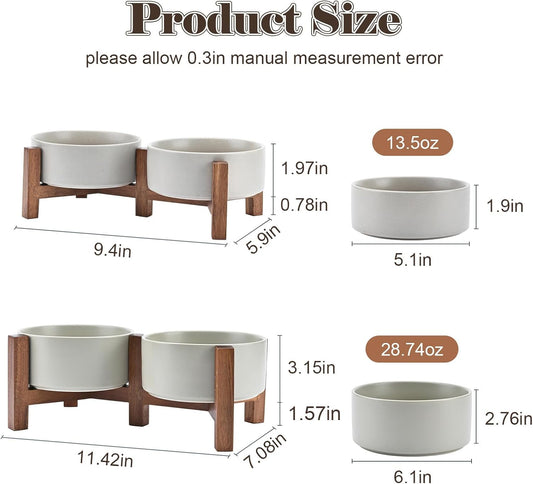 SPUNKYJUNKY Ceramic Dog Bowls Set with Acacia Wood Stand - Raised Dog Food and Water Bowl for Small Dogs (13.52 OZ, Gray)