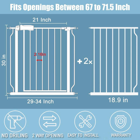 Extra Wide Large Baby Gate 67-71.5 Inch Automatic Close Pet Dog Gates for Stairs Doorways Pressure Mount Child Safety Gate for Walk Through Kids or Pets