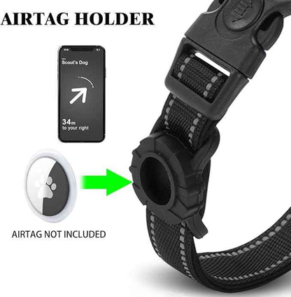 JSXD AirTag Dog Collar, Night Reflective Nylon Dog Collar for Small Medium Large Dogs,Lockable Quick Release Buckle,Padded Breathable Pet Collar with AirTag Holder (Black, Large)