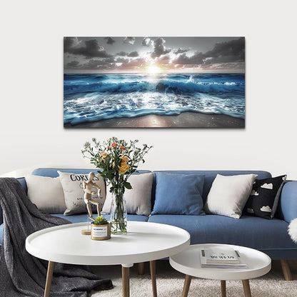 hyidecorart Canvas Wall Decor For Office Large Wall Art For Living Room Blue Beach Painting Sea Waves Sunshine Wall Pictures Bedroom Home Decorations Prints Posters Mural Artwork Ready To Hang