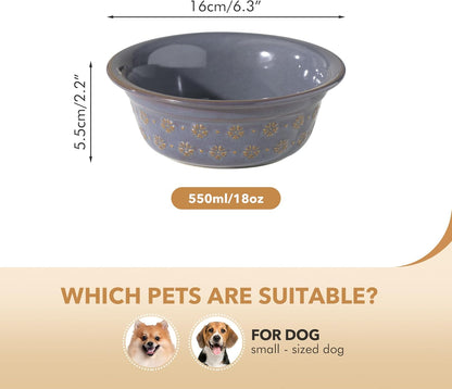 6.3inch Ceramic Set of 2 Dog Bowls, Food and Water Bowls for Small and Medium Dog, 2pcs Basic Dog Bowl, Wide Opening Rounded Edge (2 Bowls, Reactived Glaze -Grey)
