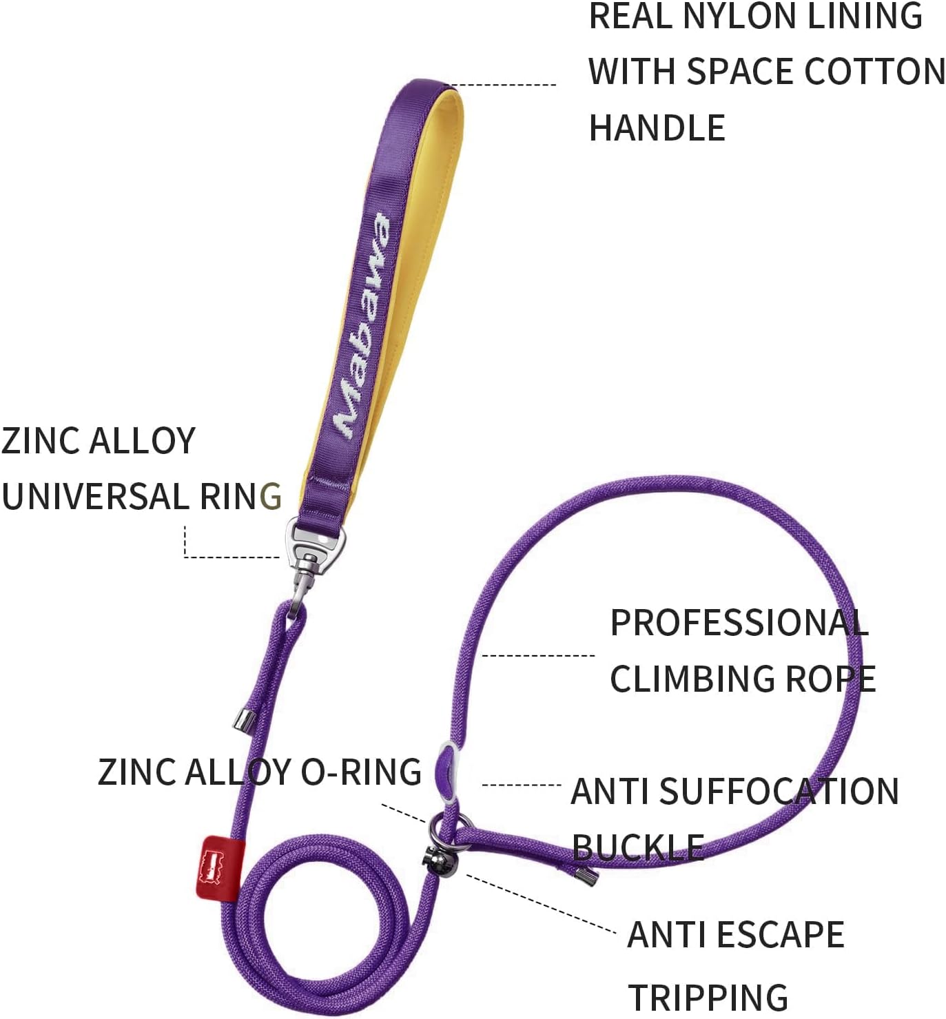 Dog Anti-Slip Leash 5FT with Metal Stopper - Durable No-Pull Training Lead for Small, Medium & Large Dogs - Comfortable Handle Nylon Rope, Tangle-Free Pet Walking Leash (Purple, 5.6FT)