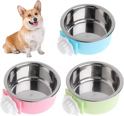 kathson Crate Dog Bowl, Removable Stainless Steel Hanging Pet Cage Bowl Food & Water Feeder Coop Cup for Cat, Puppy, Birds, Rats, Guinea Pigs 3pcs(Blue,Green,Pink)