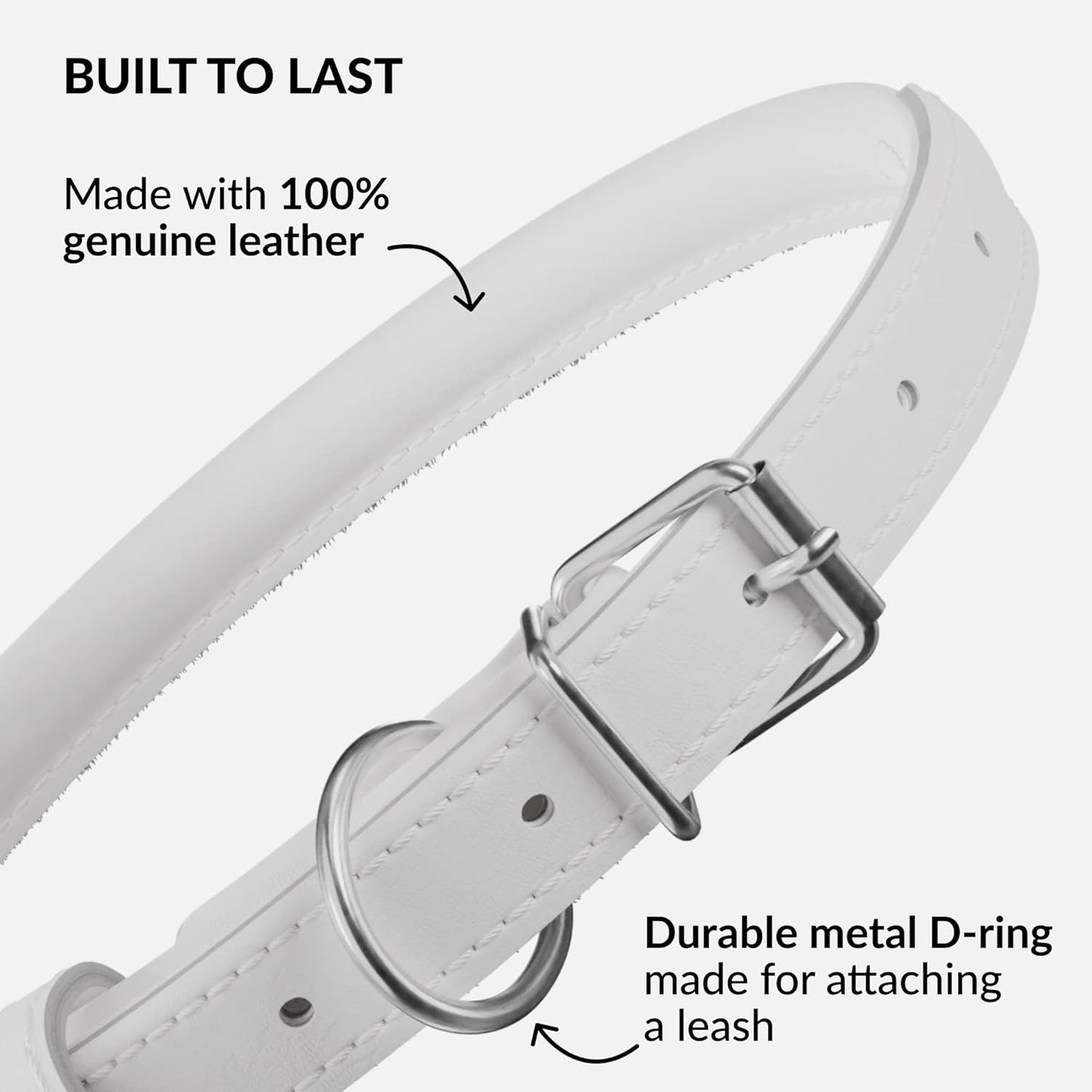 CollarDirect Rolled Leather Dog Collar, Soft Padded Round Puppy Collar, Handmade Genuine Leather Collar Dog Small Large Cat Collars 13 Colors (18-22 Inch, White Smooth)