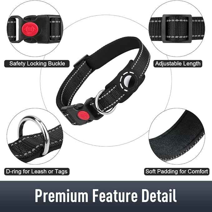 AirTag Dog Collar with AirTag Holder Compatible for Air Tag, Reflective Soft Padded, Safety Locking Buckle, Adjustable Nylon for Small Medium Large Dogs (Black,L)