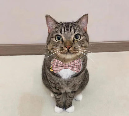 2 Pack Soft Cotton Cat Collars with Bowtie and Bell Breakaway Plaid Cat Kitten Collar(Pink and Jade Green)