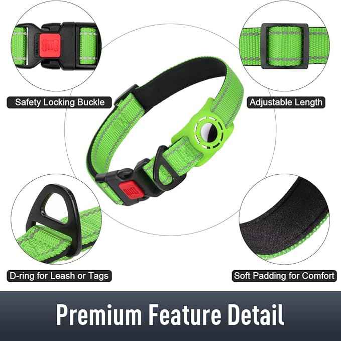 AirTag Dog Collar with AirTag Holder Compatible for Air Tag, Reflective Soft Padded, Safety Locking Buckle, Adjustable Nylon for Small Medium Large Dogs (Green,L)