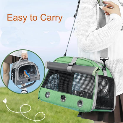 Bird Travel Carrier, Portable Small Bird Parrot Parakeet Carrier with Standing Perch and Tray, Side Access Window Collapsible Bird Carry Transport Bag for Vet Visit(Green)