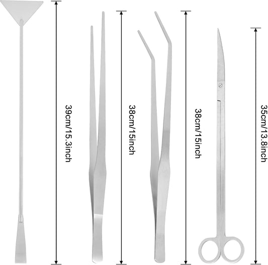 15Inch Extra Long Design Aquarium Aquascaping Tool Stainless Steel Aquascape Tools Kit 4 in 1 Anti-Rust Fish Tank Starter Kit with Long Tweezers Scissors Spatula for Aquarium Plants (Silver)