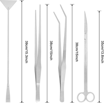 15Inch Extra Long Design Aquarium Aquascaping Tool Stainless Steel Aquascape Tools Kit 4 in 1 Anti-Rust Fish Tank Starter Kit with Long Tweezers Scissors Spatula for Aquarium Plants (Silver)