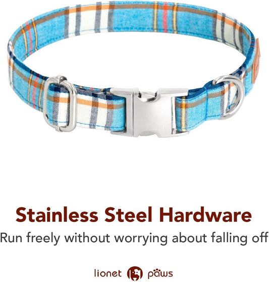 Lionet Paws Boy Dog Collar with Bowtie, Comfortable Adjustable Cute Blue Plaid Bow Tie Collar for Male Dogs Gift, Medium, Neck 13.5-22 inches