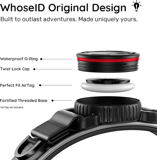 WhoseID Premium Leather Dog Collar for Large Dogs - IPX8 Waterproof AirTag Dog Collar | Magnetic Buckle Heavy Duty Collar | 450LB Escape-Proof | Reflective Dog Collar with AirTag Holder