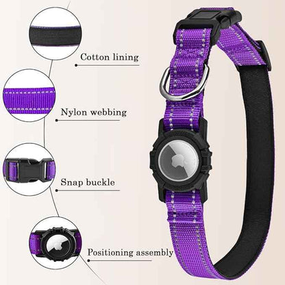 Airtag Dog Collar with Waterproof Air Tag Holder, Integrated Reflective Pet Collar with Soft Padding, Adjustable Nylon Collar for Small Medium Large Dogs, Purple,M (14.5"-19.7")