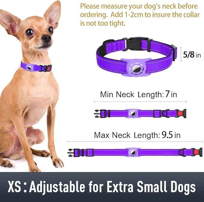 AirTag Dog Collar with AirTag Holder Compatible for Air Tag, Reflective Soft Padded, Safety Locking Buckle, Adjustable Nylon for Small Medium Large Dogs (Purple,XS)