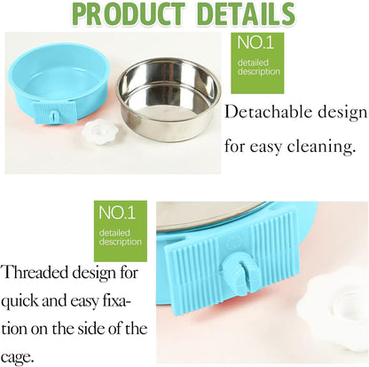 kathson Crate Dog Bowl 2pcs, Removable Stainless Steel Hanging Pet Kennel Cage Bowl Food & Water Feeder Coop Cup for Puppy, Cat, Rabbit,Guinea Pigs Large (Blue,Green)